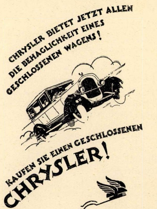 F. S. May Chrysler-hirdetése: zárt gépkocsi nyitott autót üldöző lovakkal.